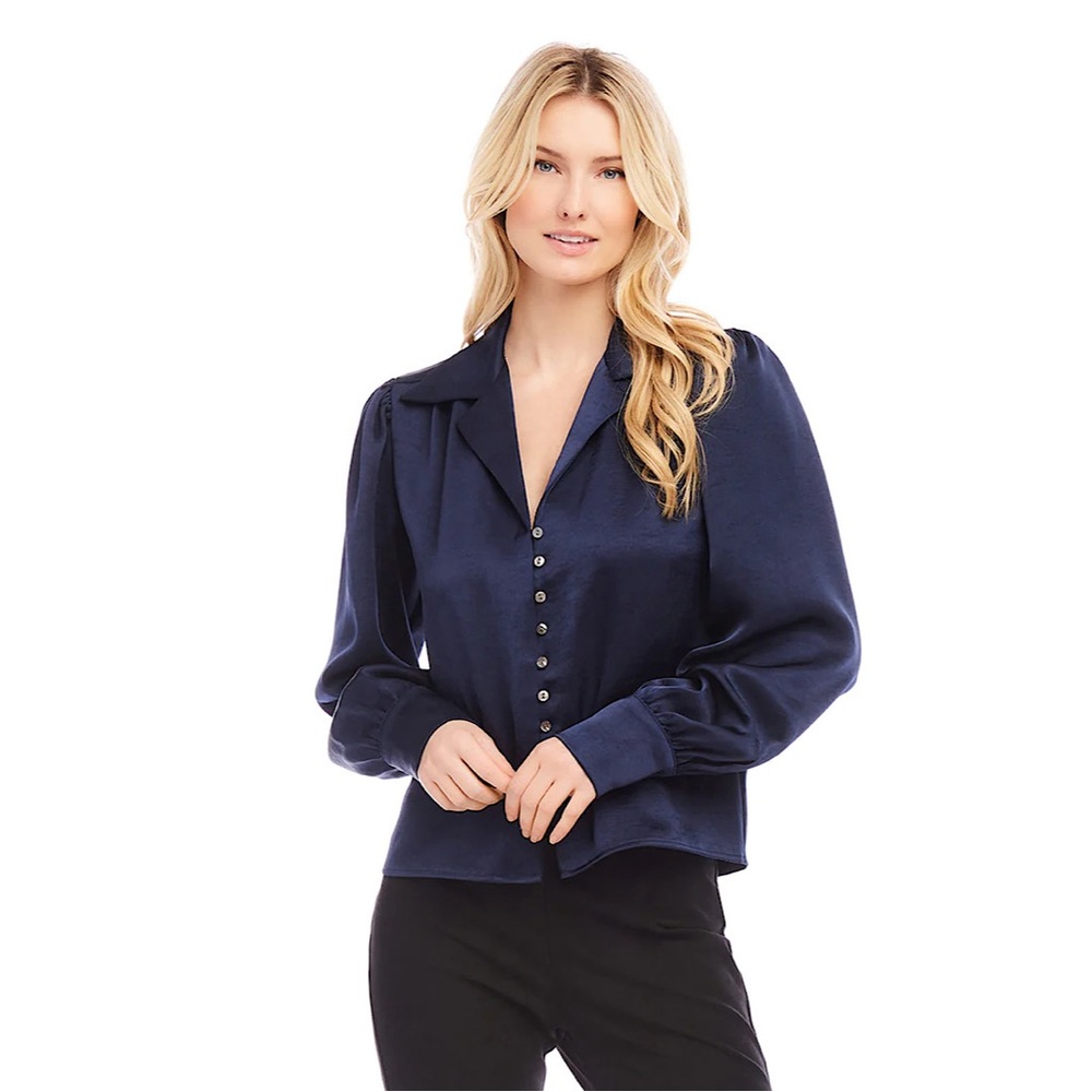 Karen Kane Shirred Satin Blouse Navy Blue XL